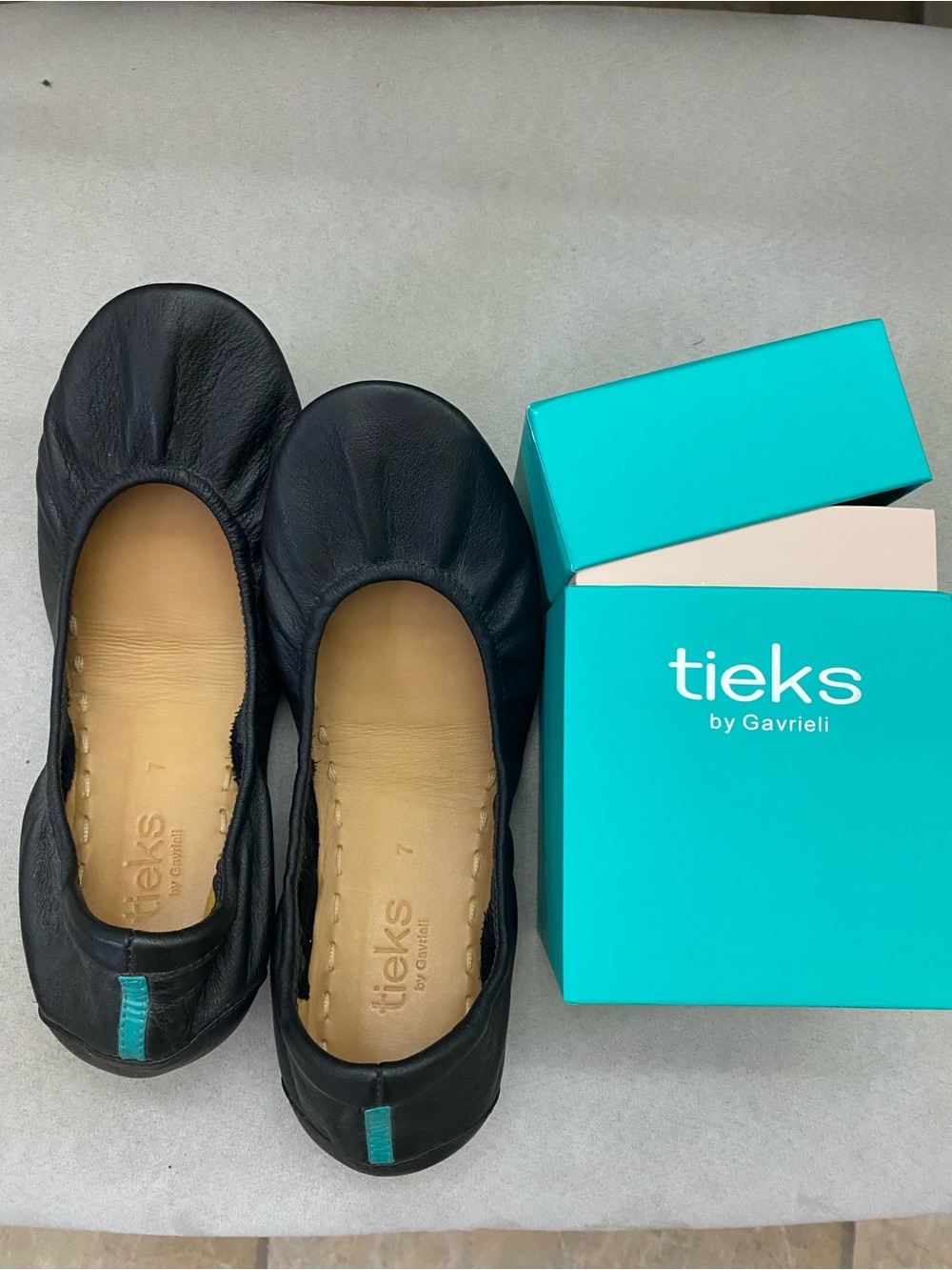 Tieks Black Leather Ballet Flats with Teal Tab